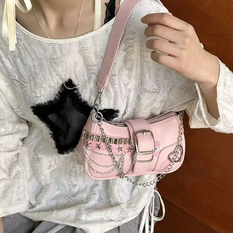 Luxury Y2K Bags - กระเป๋าสะพายไหล่หนัง PU สไตล์ Y2K สุดหรูสำหรับสาวๆ กระเป๋าสะพายข้างแบบวินเทจพร้อมสายโซ่