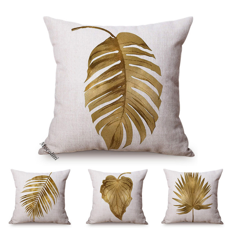 Luxury Bags Hand Painted - Golden Leaf สไตล์ผ้าฝ้ายลินินเบาะรองนั่ง Nordic มือวาดใบ Luxury
