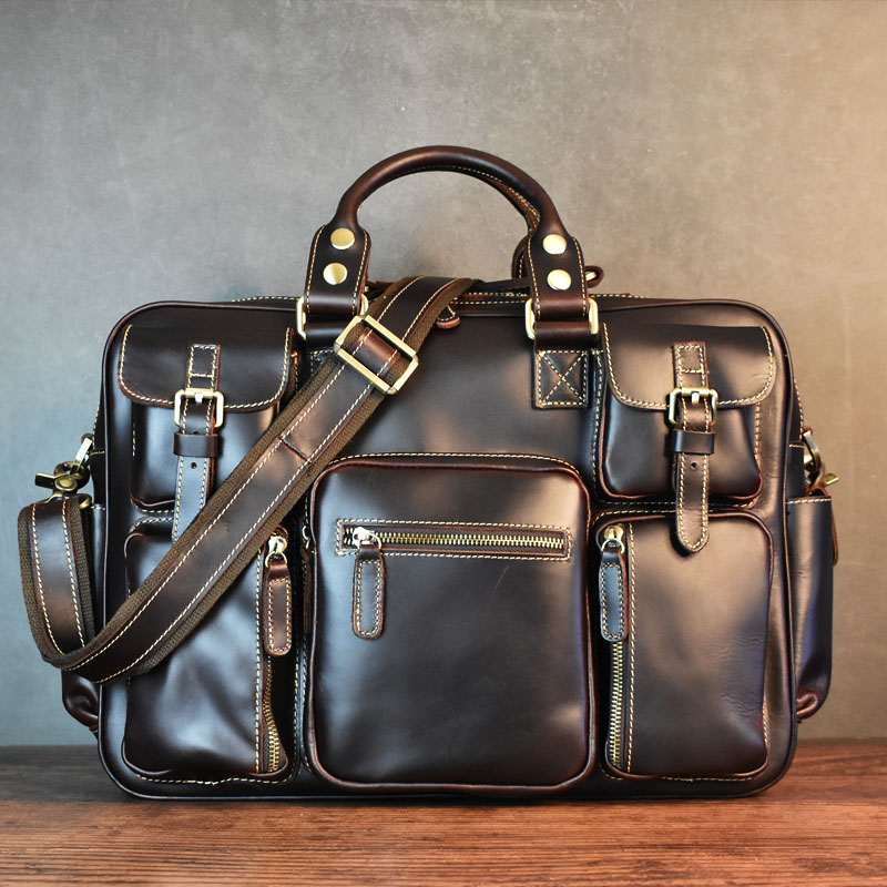 Luxury Bags Luggage - Vintage Men's กระเป๋าสะพายสีดําความจุสูงกระเป๋าเดินทางหนังแท้กระเป๋าถือผู้ชายแล็ปท็อป 15 6 นิ้วกระเป๋าเดินทางกระเป๋า