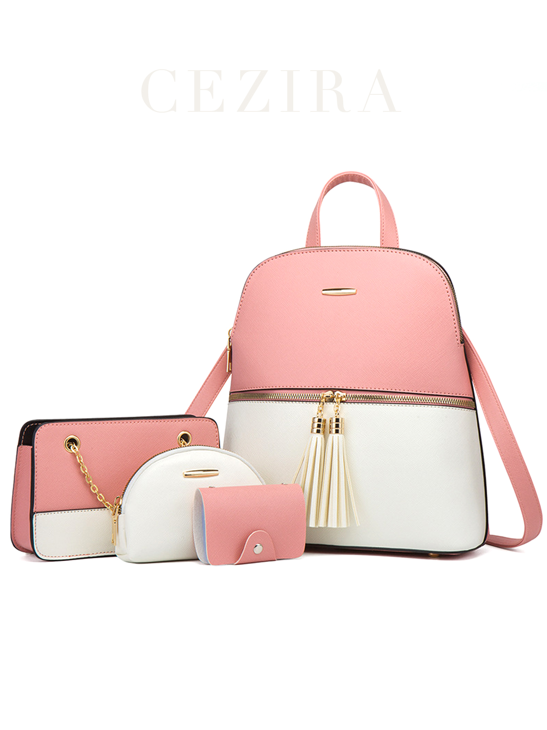 Luxury Bags With Zipper - ชุดกระเป๋า4ชิ้นดีไซน์แฟชั่นของผู้หญิงกระเป๋าหนัง PU กระเป๋าสะพายหลังหนังแท้วีแกนหรูหรามีพู่สีตัดกันกระเป๋าสายโซ่ขนาดเล็กกระเป๋าใส่บัตร