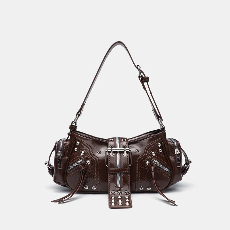 Luxury Y2K Bags - กระเป๋าคาดเอว/สะพายข้างสไตล์โกธิค ประดับหมุด หนัง PU สีดำ หรูหรา